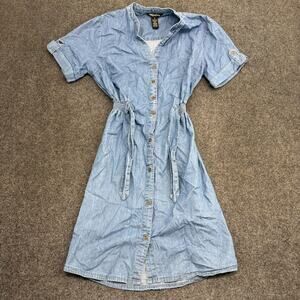 Millenium Shirt Dress Women's Small Light Wash Denim Button Front Smocked Mini